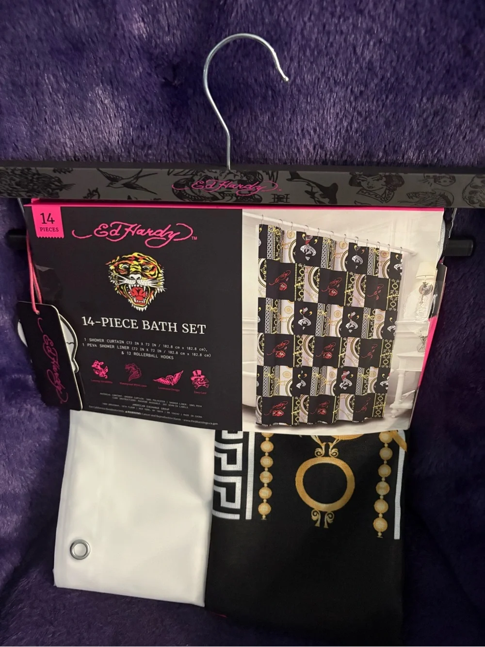 Ed Hardy Black, White & Gold 14-Piece Bath Shower Curtain Set
